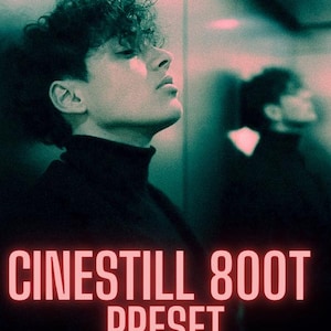 May include: A person in a black turtleneck with curly hair, looking upwards. The image has a pink and teal colour scheme. The text "CINESTILL 800T PRESET" is displayed in a glowing pink font at the bottom of the image.