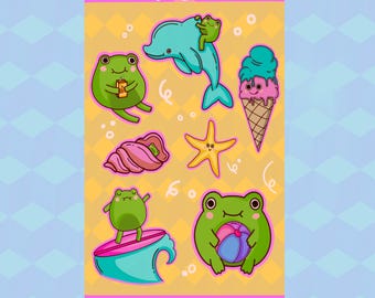 Summer Frogs Sticker Sheet, Waterproof Frog Stickers for Waterbottles, Laptops, Journals & Scrapbooks