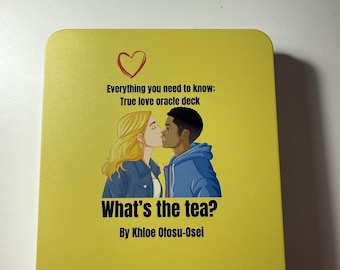 May include: A yellow oracle deck box with the text "Everything you need to know: True love oracle deck" and "What's the tea?" A drawing of a kissing couple is featured on the box. The author's name, Khloe Ofosu-Osei, is also printed.