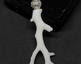 White Coral Branch Pendant: Ornate Silver-Tone Brass Bail, Coastal Jewelry Smooth Polished Gemstone