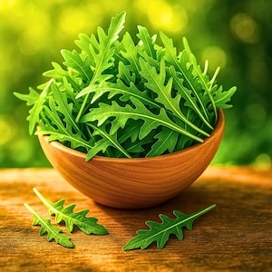 May include: A wooden bowl filled with fresh, vibrant green arugula leaves. The leaves have a distinctive, jagged edge. Three arugula leaves are scattered on the wooden surface in front of the bowl. The background is a soft, blurred green.