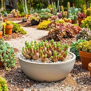 Puede incluir: Una escena de jardín con una variedad de suculentas y cactus. Un cuenco grande y gris claro contiene una suculenta única con proyecciones en forma de dedos. Otras plantas en macetas incluyen varios cactus y suculentas, creando una exhibición diversa.