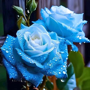 Puede incluir: Primer plano de dos rosas azules con gotas de agua. Los pétalos son de un azul vibrante con un centro más claro, y las gotas de agua añaden un efecto brillante. La imagen captura la belleza de las flores.