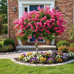 Könnte beinhalten: Ein blühender Baum mit leuchtend rosa Blüten vor einem Backsteinhaus. Der Baum steht in einem Topf, mit einem verdrehten Stamm und einer Fülle von rosa Blüten. Ein Blumenbeet mit verschiedenen Farben umgibt den Baum, mit einem grünen Rasen und Weg davor.