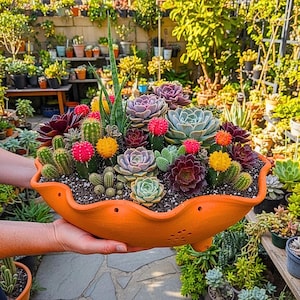 Pode incluir: Um vaso de cerâmica laranja cheio de uma variedade de suculentas e cactos. O arranjo inclui suculentas verdes, roxas e vermelhas, juntamente com pequenos cactos com flores vermelhas e amarelas. O vaso é segurado em frente a um fundo de jardim exuberante.