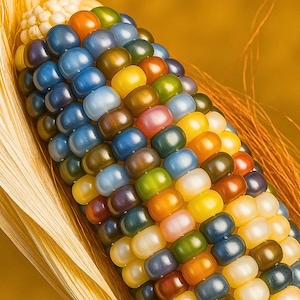 May include: A close-up image of an ear of corn with a variety of colourful kernels. The kernels are in shades of blue, yellow, orange, green, and brown. The corn is partially husked, set against a warm yellow background.