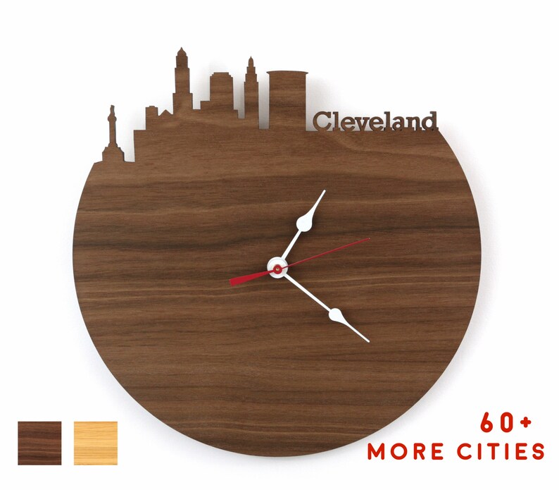 Cleveland Skyline Wooden Clock Ohio Time Zone Art Image 0