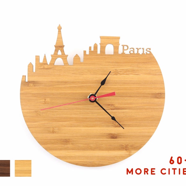 Paris Skyline Wooden Clock - Eiffel Tower Time Zone Clock - Large Wall Clock