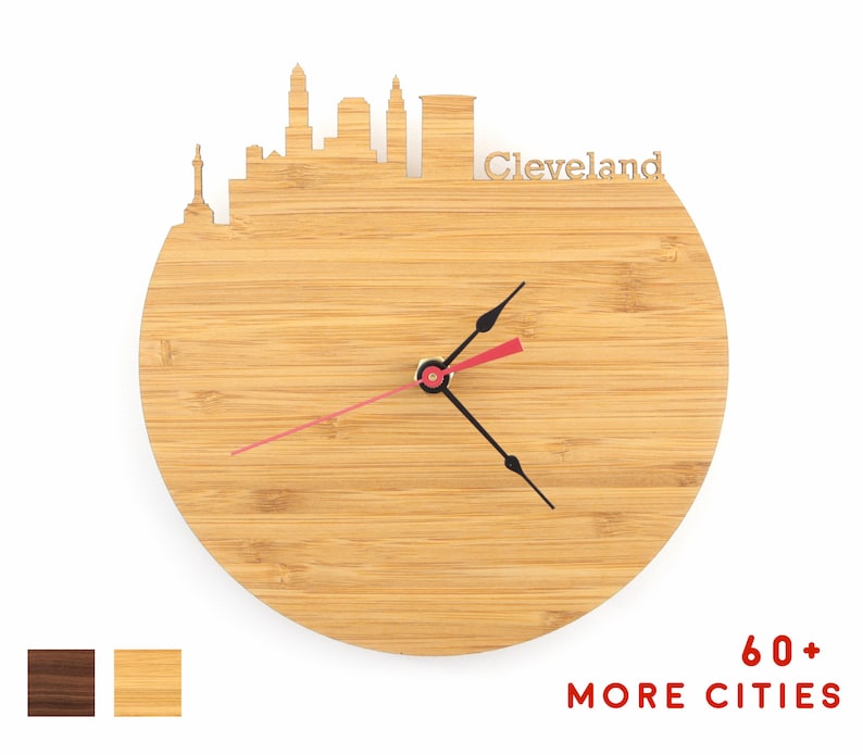 Cleveland Skyline Wood Clock Ohio Time Zone Clock for Mid Etsy