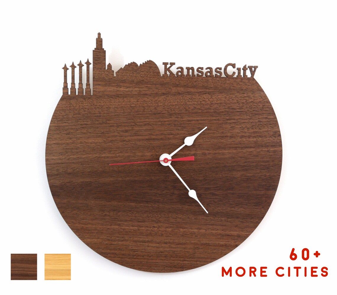 Kansas City Skyline Clock Large Wood Kansas City Time Zone Etsy