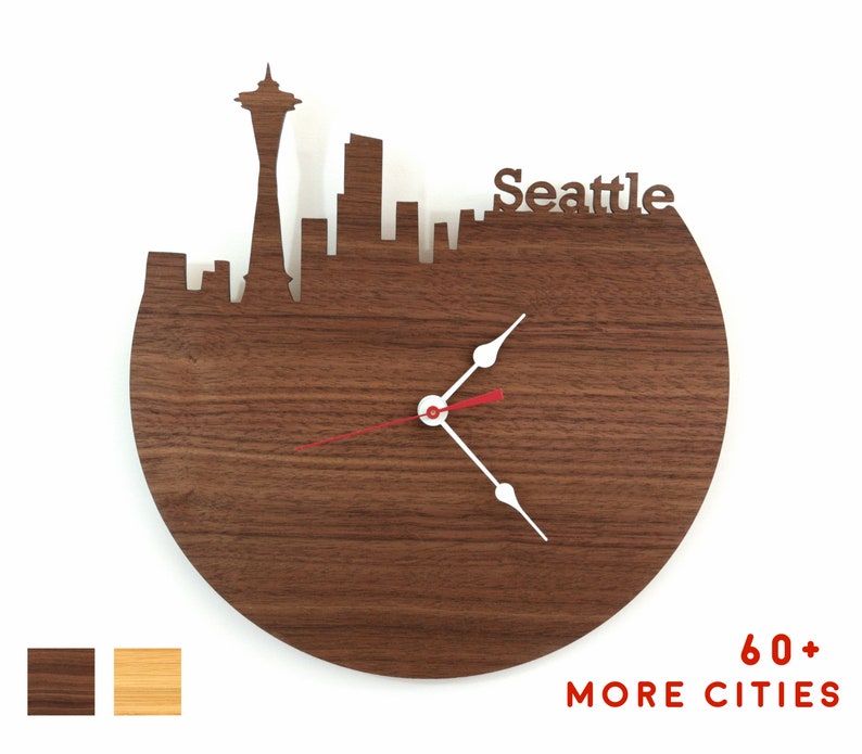 Seattle Skyline Wood Clock Washington State Time Zone Clock Etsy