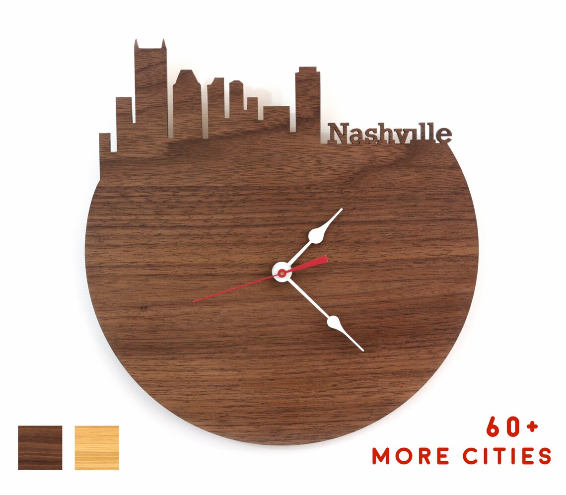 Wall Clock Nashville Skyline Wooden Clock Tennessee Large Etsy