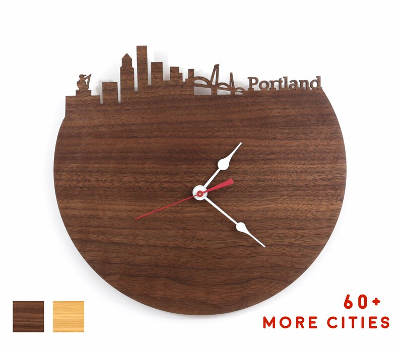 Portland Oregon Skyline Clock Portlandia Wooden Clock Time Etsy