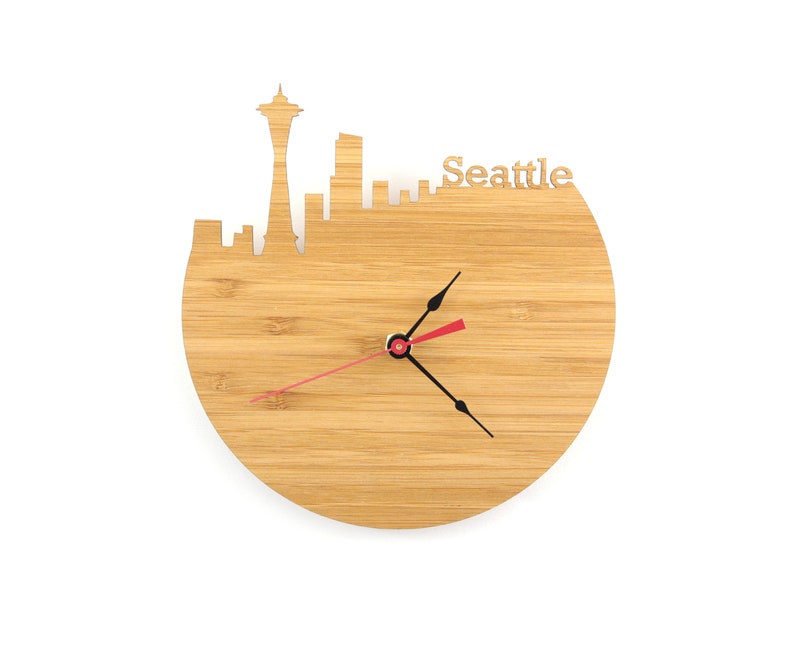 Seattle Skyline Wood Clock Washington State Time Zone Clock Etsy
