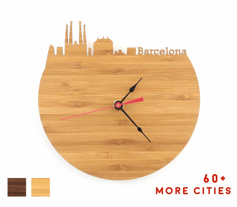 Barcelona Wooden Clock Spain Skyline Time Zone Clock Etsy