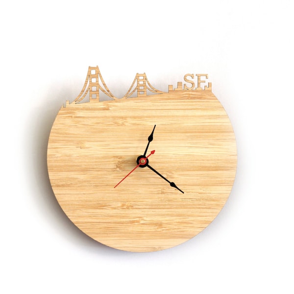 San Francisco SF Skyline Wood Clock - California Clock Wall Art - Meubles modernes du milieu du siècle