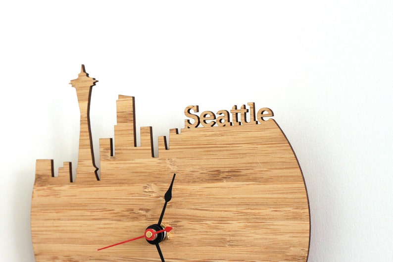 Seattle Skyline Wood Clock Washington State Time Zone Clock Etsy