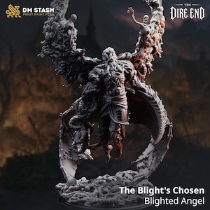 May include: A grey resin miniature figure titled The Blight's Chosen Blighted Angel. The figure features a central humanoid form with skeletal wings composed of numerous skulls and bones, standing atop a base covered in a pile of skeletal remains.
