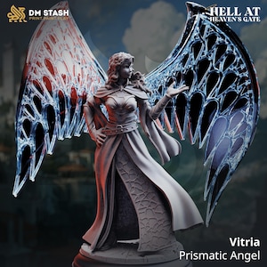 May include: A detailed sculpture of a female angel with large, intricate wings. The wings have a translucent, geometric design with red and blue accents. The angel is wearing a flowing gown and cape. Text on the image reads "DM STASH PRINT PAINT PLAY" and "HELL AT HEAVEN'S GATE".