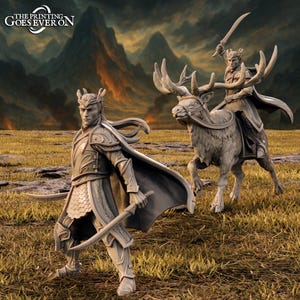 May include: A detailed, grey fantasy figurine of an elf warrior holding a sword, with another elf riding a large elk. The elk has large antlers. The background shows a mountain range and the text "THE PRINTING GOES EVER ON".