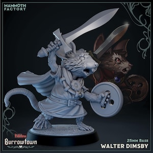May include: A gray miniature figure of a mouse warrior, wielding two swords and a shield. The figure is dressed in a tunic and cape, with the text "Walter Dimsby" and "25mm Base" at the bottom. The Mammoth Factory logo is at the top.