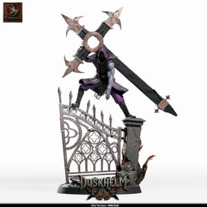 May include: A fantasy miniature figure titled Ulfric The Grave on a 40mm base. The figure features a hooded character in purple and black attire, carrying a large black cross-shaped weapon, standing atop a stone pillar and a metal gate.