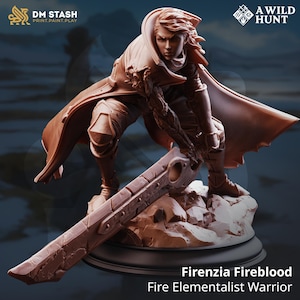May include: A brown Firenzia Fireblood Fire Elementalist Warrior figurine. The figure is in a crouching pose, holding a large sword. The figure is on a rocky base. The text "DM STASH PRINT.PAINT.PLAY" and "A WILD HUNT" are visible.