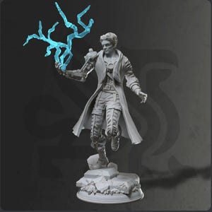 May include: A gray figurine of a person in a long coat, holding a blue lightning bolt. The figure is standing on a rocky base. The coat is open, revealing a detailed outfit. The overall design has a futuristic or fantasy theme.