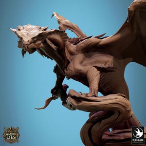 May include: A detailed brown dragon sculpture with textured scales and wings, perched on a twisted wooden base. The dragon has a fierce expression and is posed dynamically. The sculpture is a fantasy art piece.