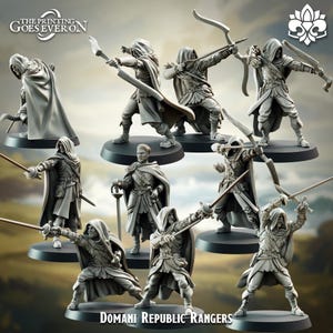 May include: A collection of gray miniature figurines of Domani Republic Rangers in various action poses. The figures are armed with swords, bows, and other weapons, and are wearing hooded cloaks. The text "The Printing Goes Ever On" and "Domani Republic Rangers" are visible.