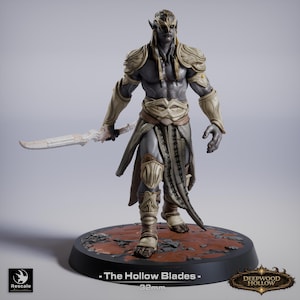 May include: A detailed figurine of a warrior with gray skin, pointed ears, and long hair, clad in ornate armor and holding a sword. The figure stands on a circular base with the text "The Hollow Blades" and "Deepwood Hollow".