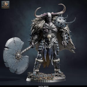 May include: A grey-skinned humanoid figure with large curved horns, wearing fur-lined armour and a skull-adorned belt. The figure holds a massive, weathered battle axe. The base features the text "DOOMCHAINED" and a 50mm base measurement.
