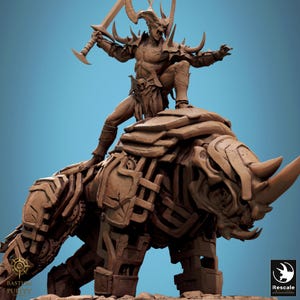 May include: A brown fantasy figurine of a horned demon warrior with a sword, riding a mechanical rhinoceros. The figure has detailed armour and is set against a blue backdrop. The base has the text "Bastion Purity" and the logo "Rescale".