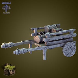 May include: A detailed, weathered wooden cart with two large wheels, a platform, and two barrels. The cart has a rustic design with rope detailing and is likely for a fantasy or historical setting. The cart is pre-supported.