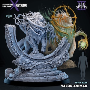 May include: A gray resin miniature of a lion-like creature standing on a stone base with vines, labeled Valor Animar. The figure is 81mm tall with a 75mm base. A second, colored version of the lion with a golden halo and green energy is visible behind it.
