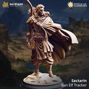 Könnte beinhalten: Detaillierte Figur von Sactarin, einem Sonnenelfen-Tracker, auf einem felsigen Sockel. Die Figur trägt eine verzierte Rüstung und einen fließenden Umhang und hält einen Bogen. Die Logos DM STASH und Elves of the Golden Sun sind sichtbar.