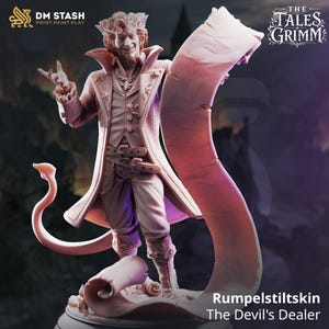 May include: A light-colored miniature figurine of a male character with a pointed beard and a tail, wearing a long coat and vest. The figure holds a long, curling scroll that extends from the base to above the head. Text reads DM STASH, THE TALES GRIMM, and Rumpelstiltskin The Devil's Dealer.