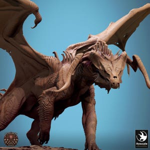 May include: A detailed sculpture of a brown dragon with large wings, horns, and a skeletal face. The dragon is posed with its front legs forward, wings spread, against a light blue background. The dragon's scales and features are highly detailed.