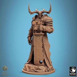 May include: A detailed brown statue of a horned demon warrior holding a large sword. The figure wears armour and a long robe, with a skull on its chest. The statue is on a rocky base against a blue background. The logos "Bastion Purity" and "Rescale" are visible.
