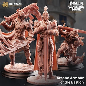 May include: Three detailed figurines of armoured knights, each holding a sword. The figures are in a light brown colour, with intricate armour designs. The text "Arcane Armour of the Bastion" is at the bottom, with the DM Stash and Bastion of the Wandering Mage logos at the top.
