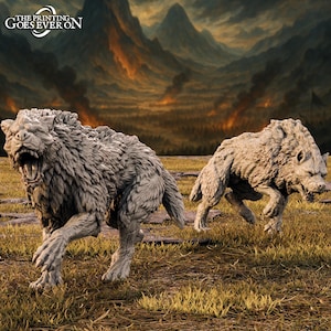 May include: Two detailed, gray wolf figurines in a grassy field with a mountainous, fiery background. The wolves are in mid-stride, with open mouths, showcasing their teeth. The text "THE PRINTING GOES EVER ON" is at the top left.