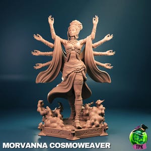 May include: A tan-colored statue of Morvanna Cosmoweaver, a figure with multiple arms and flowing garments. The statue is on a base with cloud-like details. The text "MORVANNA COSMOWEAVER" is at the bottom of the image.