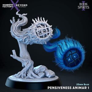 May include: A gray miniature figure titled Pensiveness Animar 1 on a 25mm base. The figure features a tree-like structure with a circular, grid-patterned head and a trailing, ethereal blue flame-like orb with a cracked face design and glowing eyes.