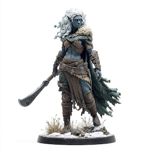 May include: A painted miniature figurine of a dark-skinned elf warrior with long white hair and glowing blue eyes. The figure wears brown leather armor, a fur-lined mantle, and a tattered green cloak, while holding a curved metal blade.