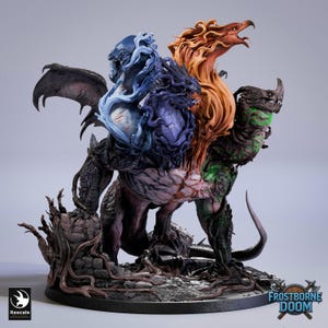 May include: A detailed fantasy figurine featuring a multi-headed creature with a complex design. The sculpture showcases a combination of colours, including blue, orange, and green, with intricate textures and details. The base of the figurine has a logo that says "Frostborne Doom".