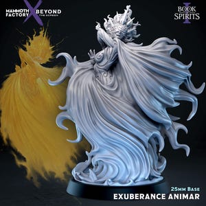 May include: A grey miniature figurine of a figure with a flowing cloak and spiky headpiece, standing on a 25mm base. The text Mammoth Factory, Beyond the Screen, Book of Spirits, and Exuberance Animar are visible. A yellow translucent version is behind.