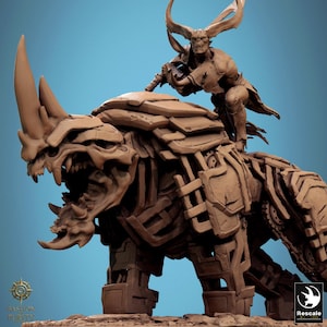 Peut inclure: Sculpture marron détaillée d'un démon cornu chevauchant un rhinocéros mécanique. Le rhino a un blindage complexe. Le démon tient une arme. L'image contient le texte "Bastion Purity" et "Rescale".