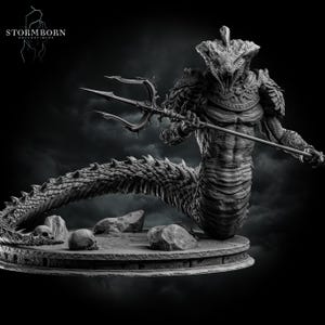 May include: A monochrome sculpture of a mythical serpent-like being with a human-like torso, wielding a trident. The figure has intricate scales, armour, and a crown. The base includes rocks and a skull. The Stormborn Collectibles logo is visible.