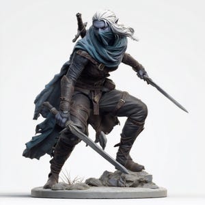 May include: A detailed figurine of a dark-skinned elf warrior with long white hair, wearing a blue face mask and cloak, dark leather armor, and boots. The character is in a dynamic combat stance, holding two silver daggers, standing on a rocky base.