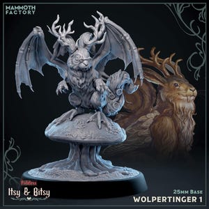May include: A gray miniature figure of a Wolpertinger with antlers, wings, and a bushy tail, standing on a mushroom atop a 25mm base. The figure features detailed fur texture and small glasses. Text includes Mammoth Factory, Itsy & Bitsy, and Wolpertinger 1.